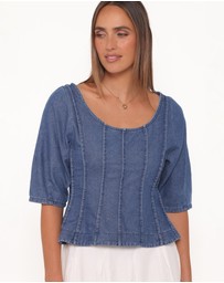 Petal & Pup - Saylor Denim Peplum Top - Blue Medium Wash