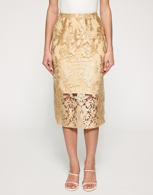 Lindsay Nicholas New York - Sheer Gold Lace Skirt with Nude Underskirt