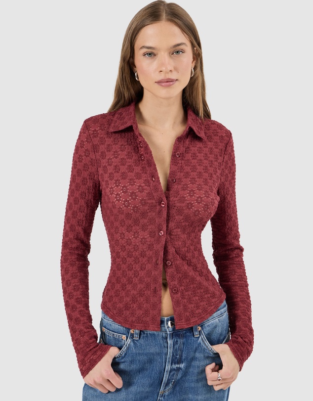 Rolla's - Daisy Lace Long Sleeve Shirt - Dark Cherry