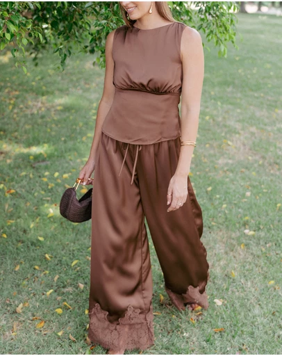 Petal & Pup - Viola Drawstring Wide Leg Pant - Chocolate