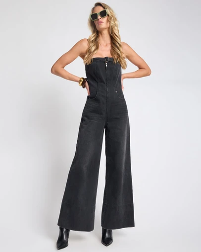 ONE TEASPOON - Dark Angel Strapless Wide Leg Denim Jumpsuit - Smokey Black