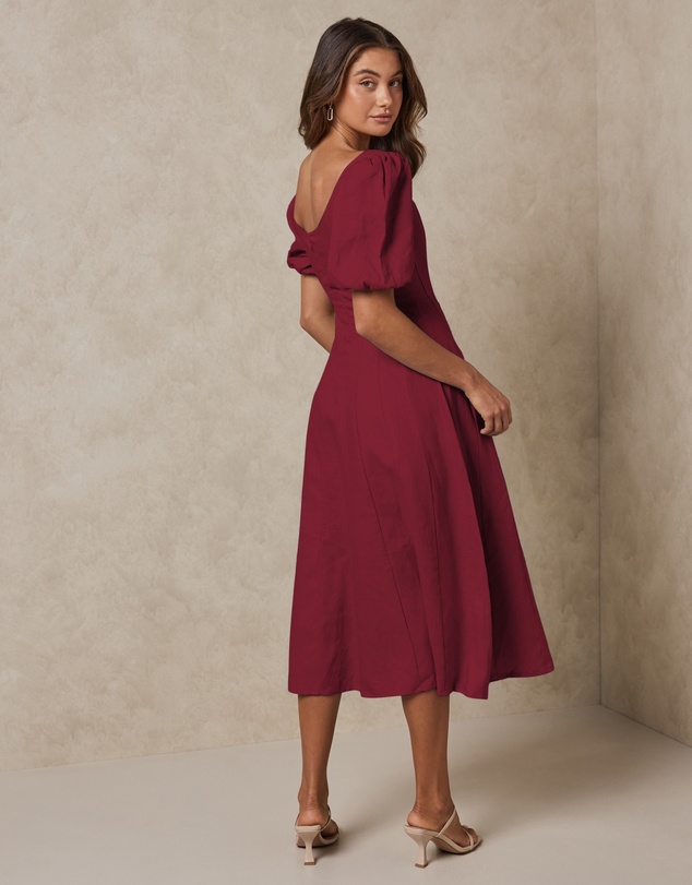 Revibe - Repaired AERE Paloma Linen Puff Sleeve Midi Dress - AU 8
