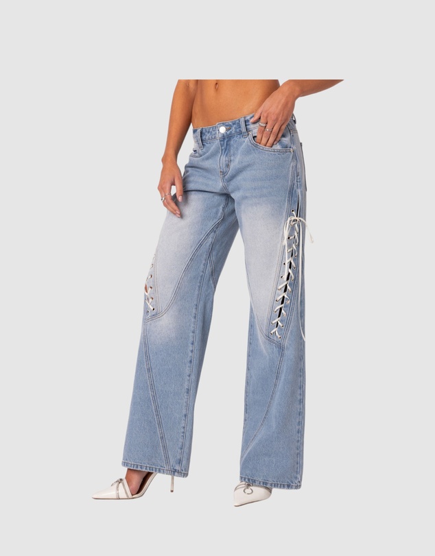 EDIKTED - Low Rise Ribbon Lace Up Jeans