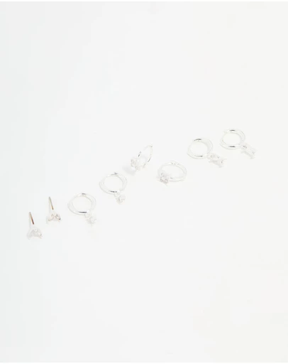 Lovisa - Silver Plated Brass Diamante Baguette Flower Hoop & Stud Earrings 4-Pack