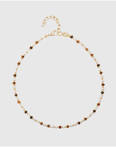 Nialaya Jewellery - Mini Beaded Choker with Pearls and Tiger Eye