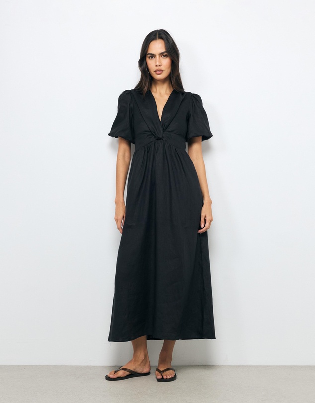 AERE - Ivy Puff Sleeve Linen Midi Dress