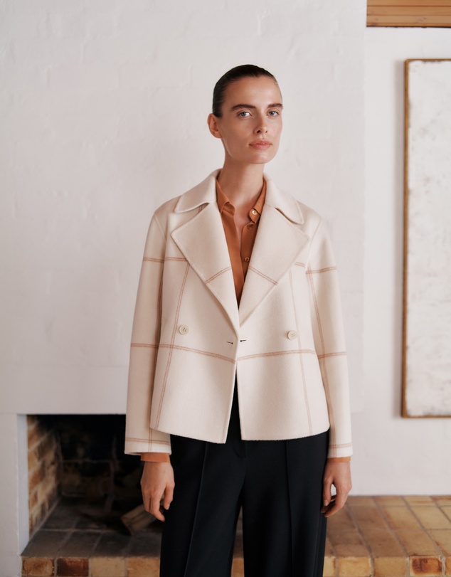Trenery - Double Faced Wool Check Peacoat in Stone