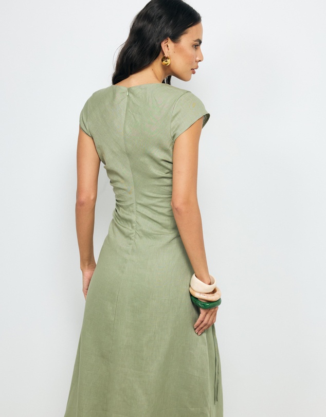 AERE - Lucia Ruched Linen Midi Dress