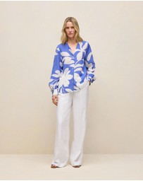 Trenery - Marea Textured V Neck Blouse in Vivid Blue