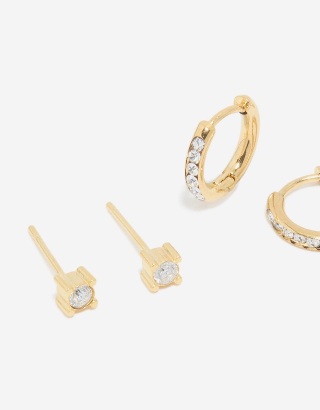 Lovisa - Waterproof Gold Plated Stainless Steel Cubic Zirconia Simple Stud & Huggie Earrings 3-Pack