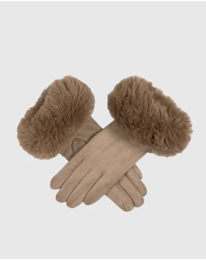 DENTS - Touchscreen Velour-Lined Faux Suede Gloves with Faux Fur Cuffs