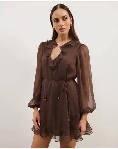 Atmos&Here - Stella Lightweight Crinkle Georgette V Neck Long Sleeve Mini Dress With Frill Detail