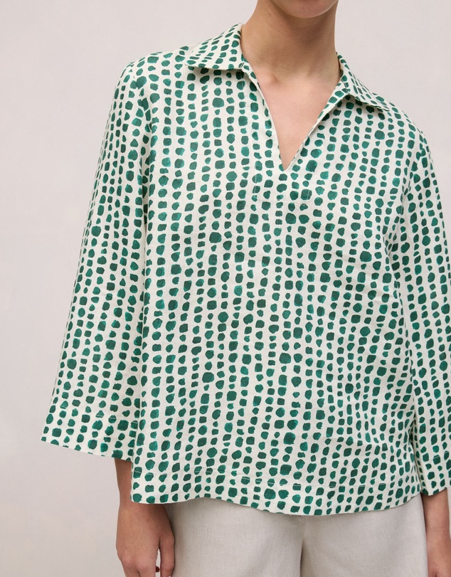 Trenery - Brush Spot Linen Popover Shirt in True Green