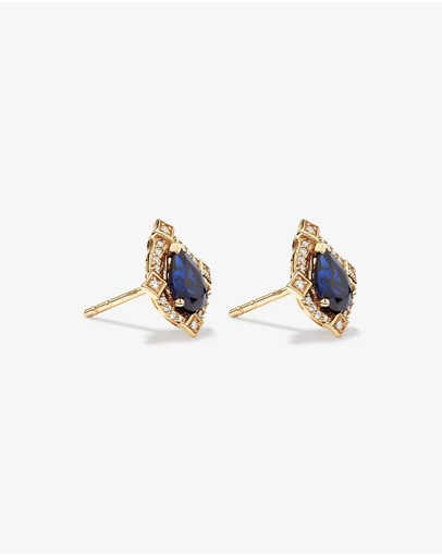Michael Hill - Pear Cut Created Sapphire and Diamond Halo Stud Earrings in 10kt Yellow Gold