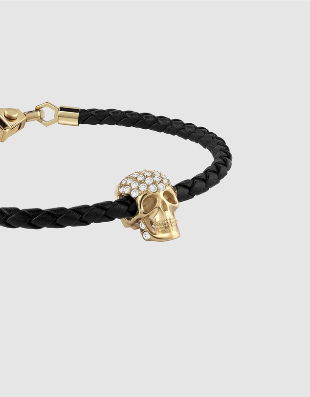 Philipp Plein - PLEIN ENIGMA IP Yellow Gold Crystal Skull Leather Bracelet