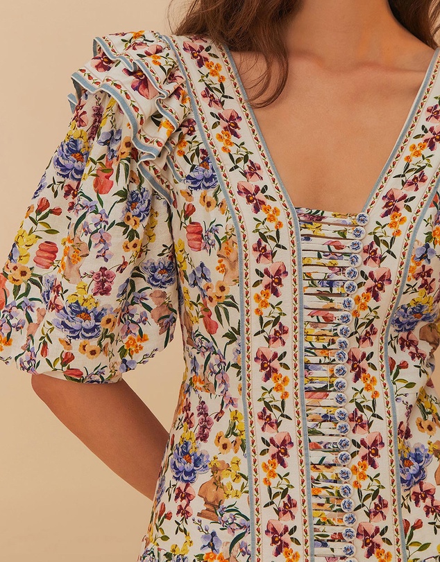 Farm Rio - Greek Garden Off-White Topstitched Yoke Mini Dress