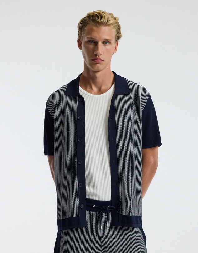 Calibre - Panelled Stripe Knit Shirt Navy