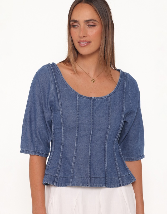 Petal & Pup - Saylor Denim Peplum Top - Blue Medium Wash
