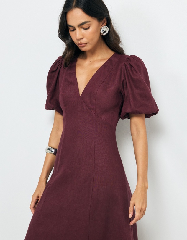 Revibe - Repaired AERE Lori Puff Sleeve Linen Midi Dress - AU 8