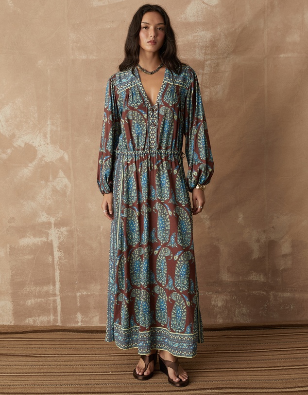 BOTEH - Calico Lace Up Maxi Smock Dress