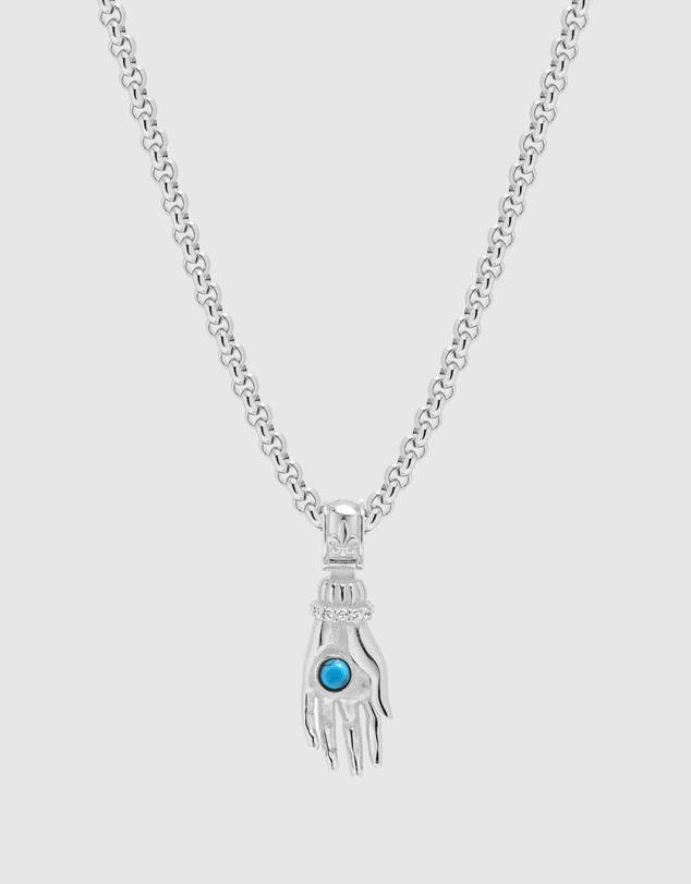 Nialaya Jewellery - Men's Hand Pendant with a Small Turquoise Gemstone in Silver