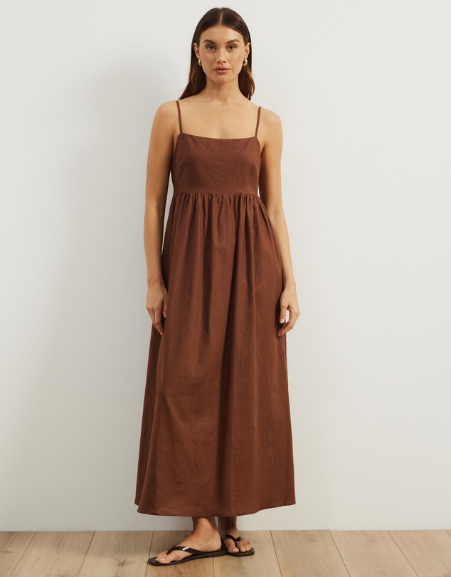 empire line dress australia Tea Length Brown Vintage Empire Waist Dress, Scoop Neck Linen Midi Dress,  Fit and Flare Dress, 3/4 Sleeve Swing Party Dress, Xiaolizi 0808#