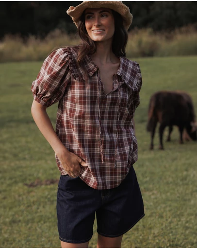 Petal & Pup - Evandri Frill Collar Top - Burgundy Plaid