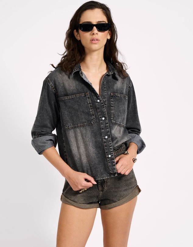 ONE TEASPOON - Nixie Eyelet Classic Fit Denim Shirt - Charcoal Black