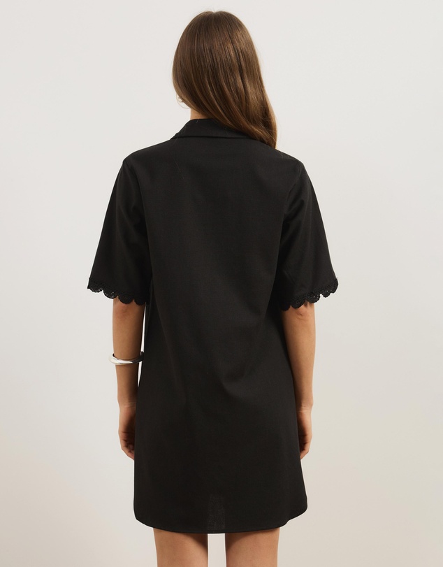 Atmos&Here - Kyla Linen Blend Mini Shirt Dress with Lace Trim Detail