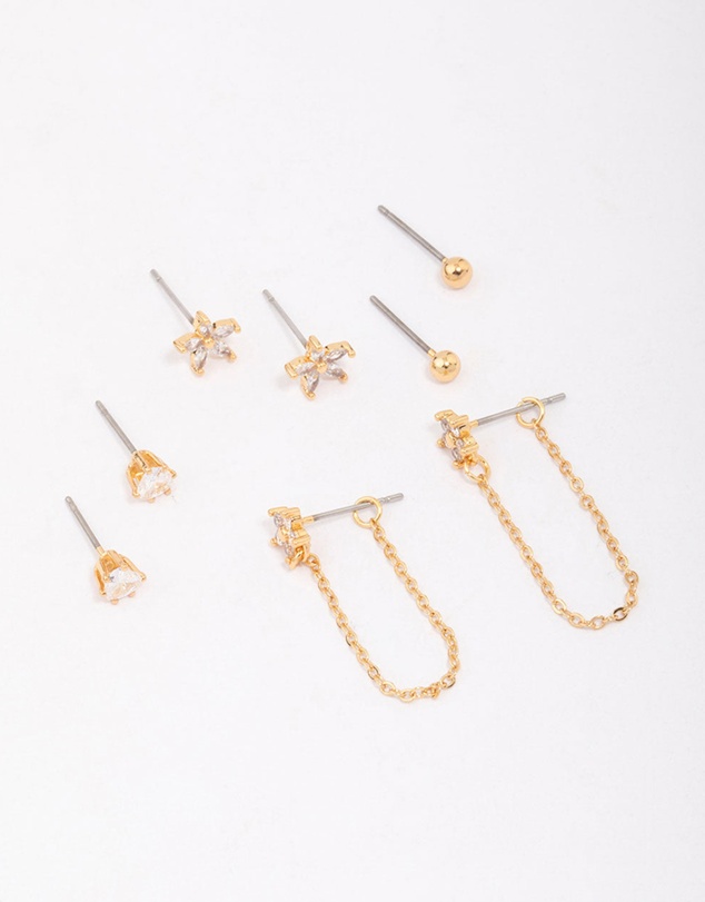 Lovisa - Gold Plated Brass Heart & Flower Chain Earring 4-Pack