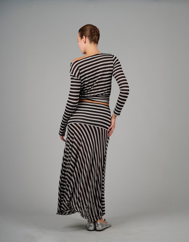Love and Nostalgia - Alexa Striped Asymmetrical Skirt - Black / Nude