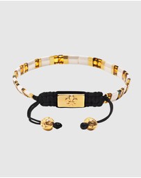 Nialaya Jewellery - Men's Bracelet With White, Marbled Amber And Gold Miyuki Tila Beads