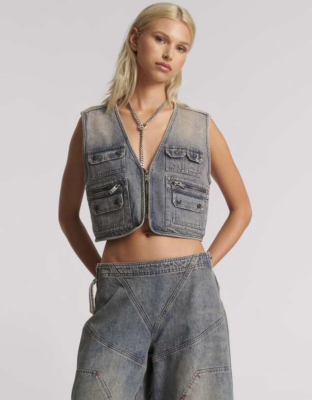 ONE TEASPOON - Cropped Denim Utility Vest - Island Blue