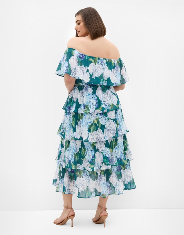 City Chic - Plus size Night Garden Print Tier Midi Dress - jade