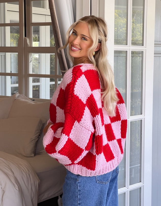 Beginning Boutique - Envi Pink And Red Checkered Knit Cardigan