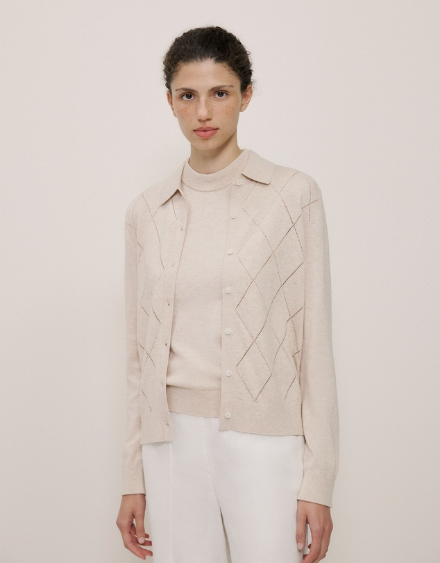 Trenery - Cotton Cashmere Pointelle Cardigan in Clay
