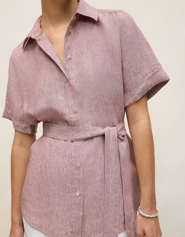 Trenery - Linen End On End Stripe Belted Shirt in Light Pink