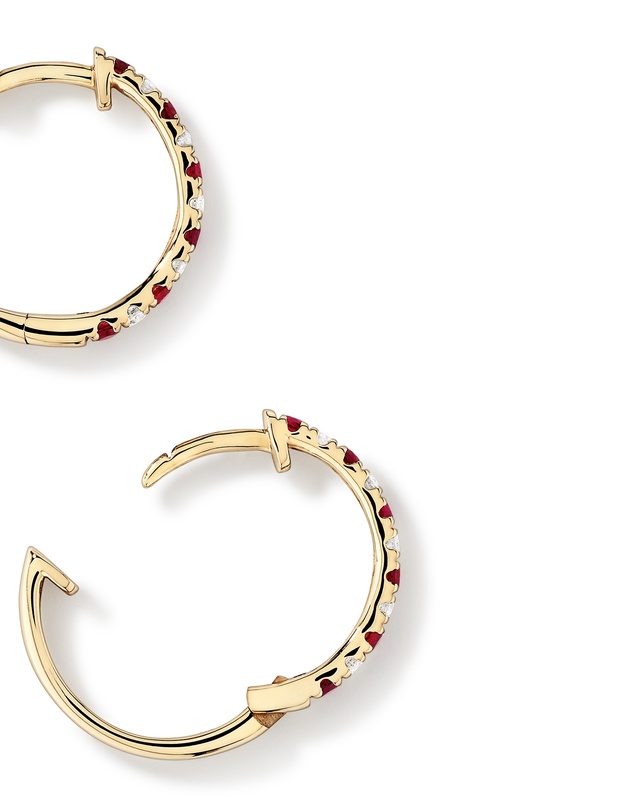 Michael Hill - 0.22 Carat TW Diamond and Created Ruby Huggie Hoop Earrings in 10kt Yellow Gold