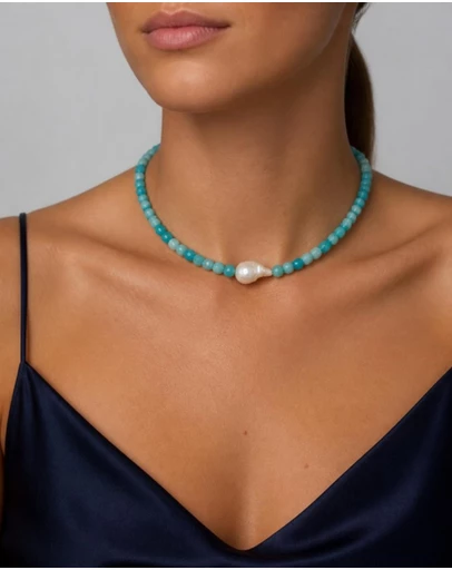 Izoa - Marguerite Baroque Pearl Gemstone Necklace Turquoise Amazonite