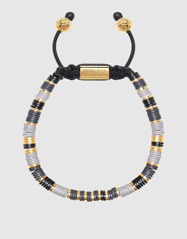 Nialaya Jewellery - Men's Beaded Bracelet with Grey and Gold Disc Beads