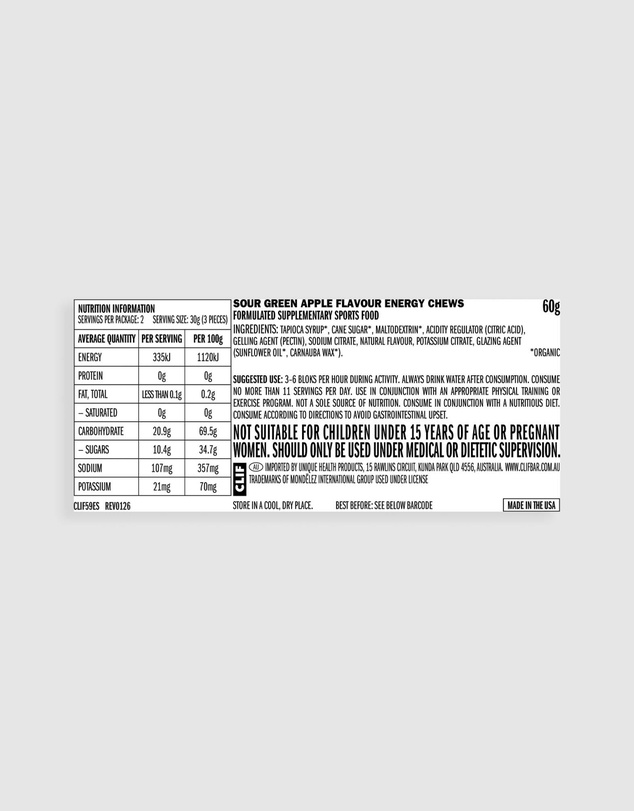 CLIF - Sour Green Apple Bloks Energy Chews - 18x60g
