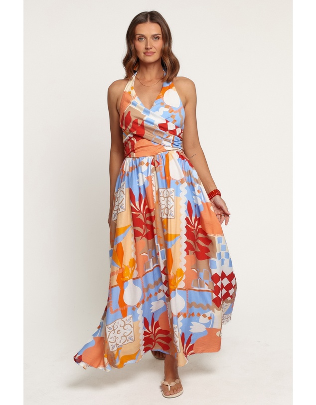 Petal & Pup - Juliana Halterneck Midi Dress - Blue Red Geo Tropic