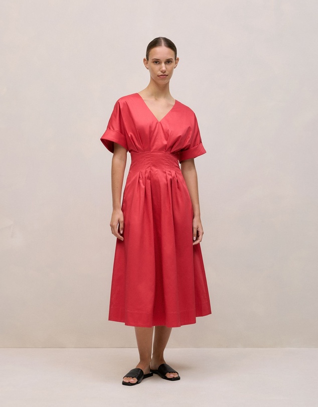 Trenery - Cotton Sateen Pleat Waist Dress in Crimson