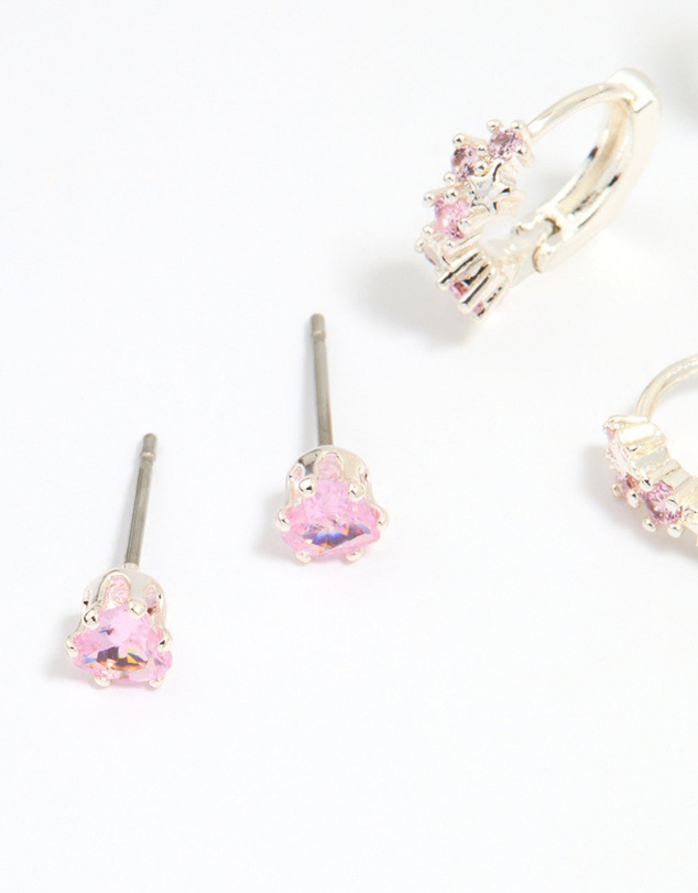 Lovisa - Silver Plated Brass Pink Cubic Zirconia Pave & Butterfly Stud Earrings 4-Pack