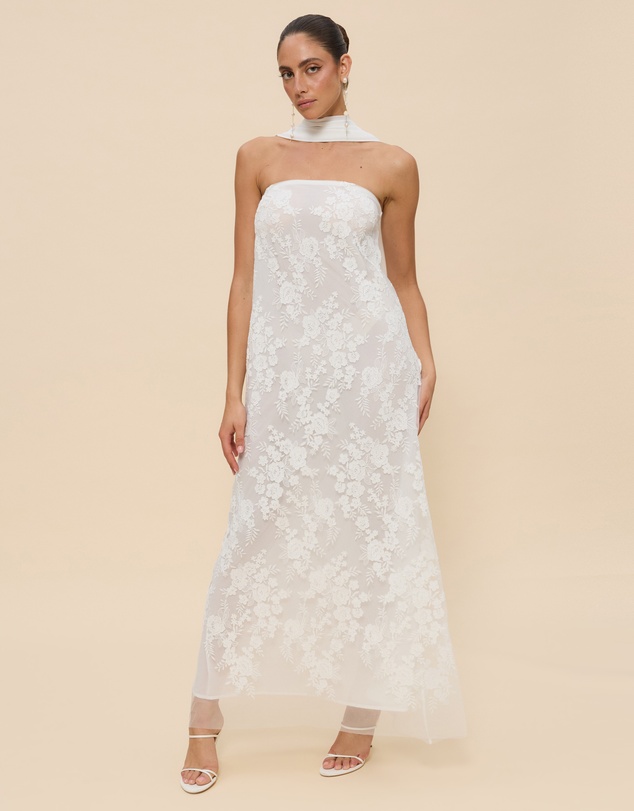 CHANCERY - Sana Strapless Sheer Lace Maxi Dress with Scarf