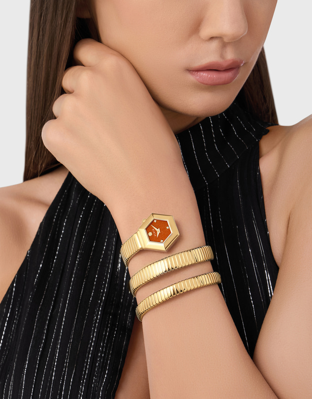 Philipp Plein - Philipp Plein $nake Hexagon 24mm Red Dial Gold-Tone Strap Watch