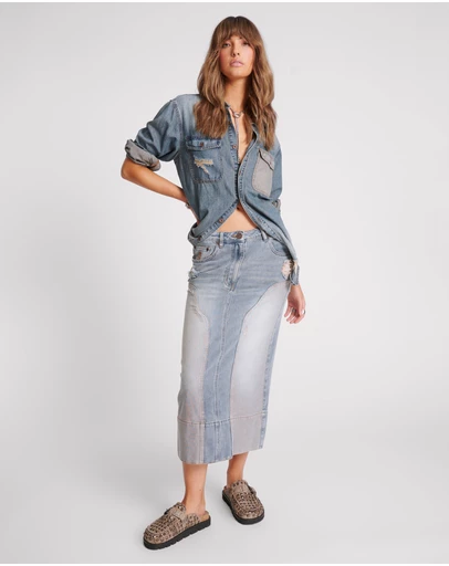ONE TEASPOON - Cassidy Mid Waist Long Denim Column Denim Skirt - Dirty Blue