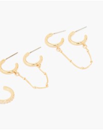 Lovisa - Gold Plated Brass Cubic Zirconia Hoop & Chain Earrings 3-Pack