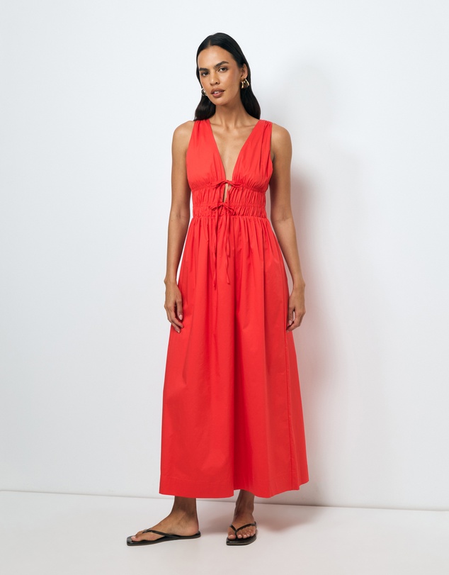 AERE - Indie Cotton Tie Front Midi Dress