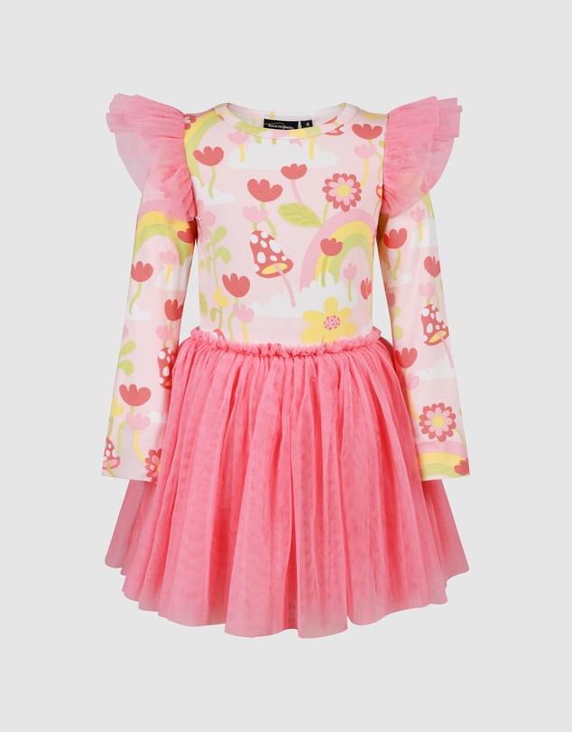 Rock Your Kid - Mushroom World Long Sleeve Circus Frill Dress in Coral